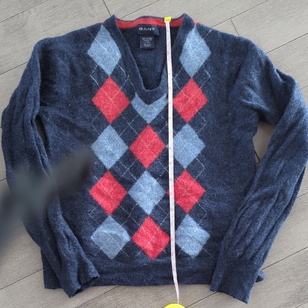 GANT Boys Argyle Sweater - Navy and Red Lamb Wool Size Small